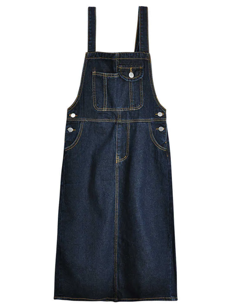 Escuro azul denim sundresses mulheres bolsos vestido de alças retro verão mulher casual solto es midi suspender jeans 210604