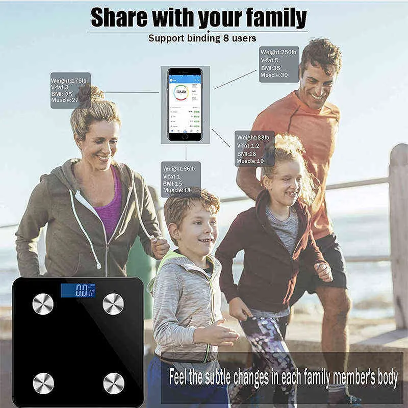 Badkamerschalen Bluetooth -vloer Bodyschaal BMI Vetschalen LED Digitale Smart Weerschaal Balans Body Samenstelling Analyzer 2201042130323