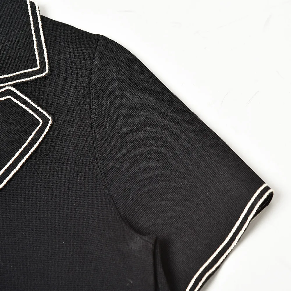 2021秋秋半袖ノッチ付きラペルブラックドレスコントラストカラーニットボタンシングルブレスト女性ファッションドレスG122006