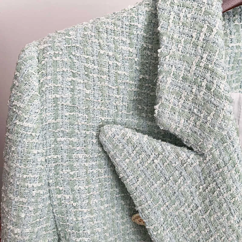 Tweed Mint Green Blazer Дамы Летние Куртка Пальто Тонкий Офис Бизнес Двухборчатая тканая шерсть 210527