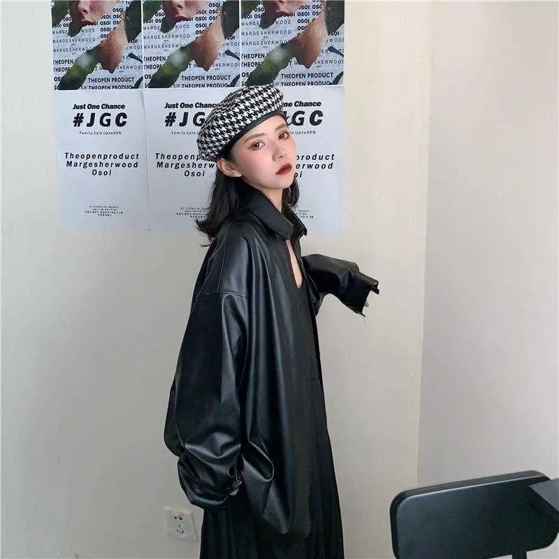 Japonais Casual Lâche En Cuir Moto Veste Femmes Survêtement Coréen High Street Manteau Chic Streetwear À Manches Longues Noir Top 210604