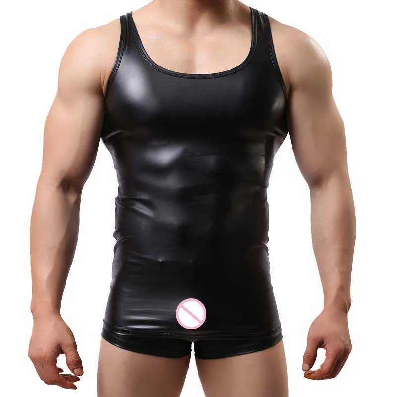 Marca de moda Star Faux Leather Men Sexy Fitness Tank Top / Sin mangas para hombre Bodybuilding Stringers Vest 210623