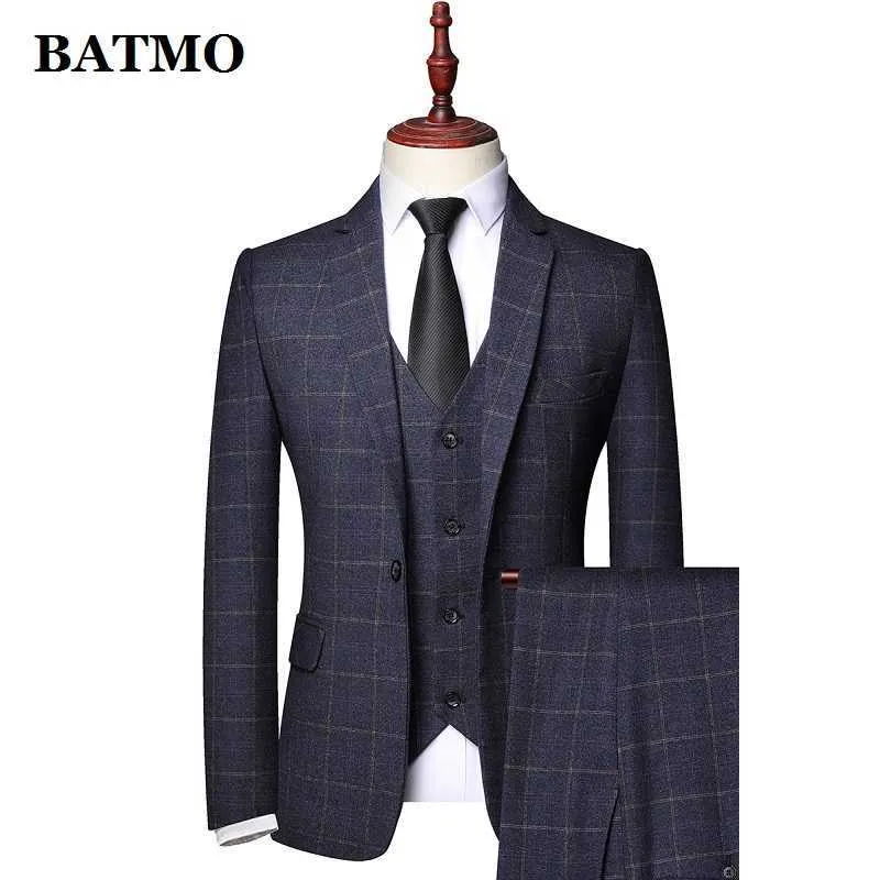 BATMO 2021 nueva llegada primavera plaid casual trajes hombres, vestido de novia de los hombres, chaquetas + pantalones + chaleco 9202 X0909