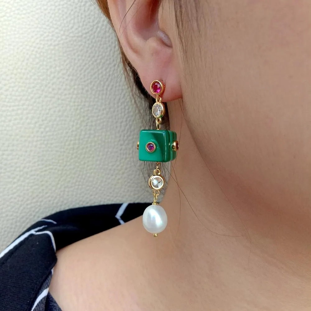 YYGEM CZ Pave Chain Natural Green Malachite Cube Cultured White Rice Pearl Stud Örhängen