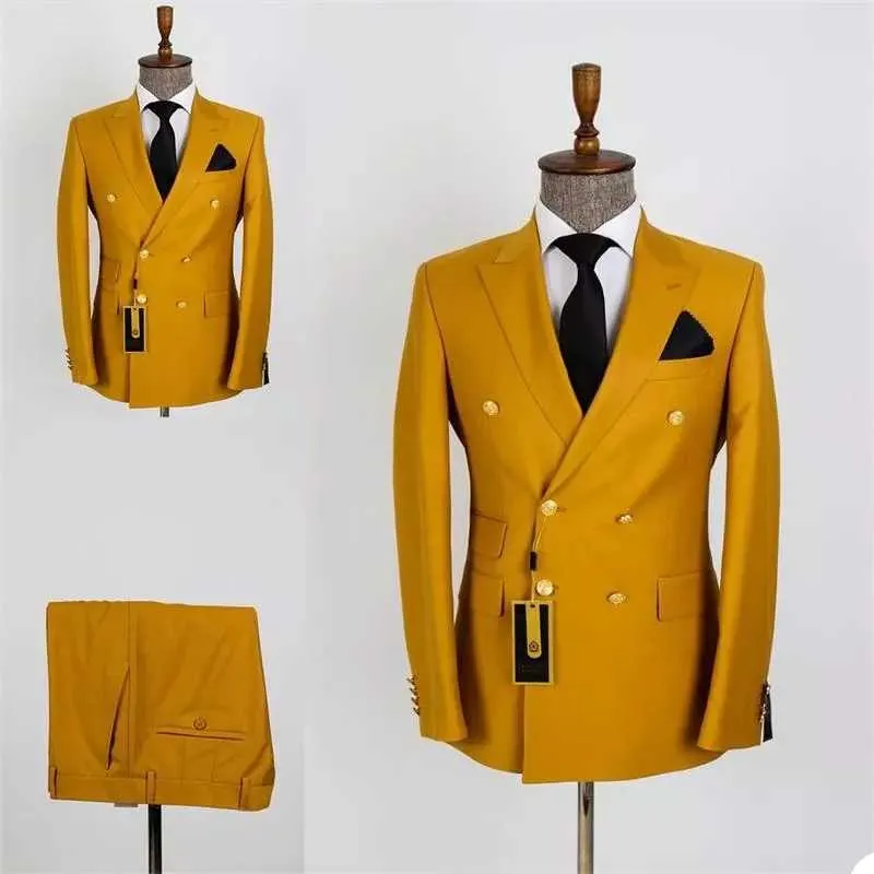 2021 mais recente amarelo double breasted homens ternos traje homme bainha baile tnono masculino slim fit groom blazer jacket + pant x0909