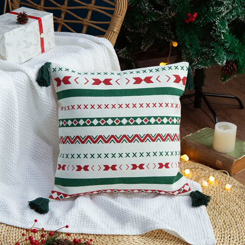 Kissenbezüge „Merry Christmas“, dekorative Couch-Kissenbezüge, quadratische Kissenbezüge aus Baumwolle mit Quaste für Sofa, Couch, Bett 201009