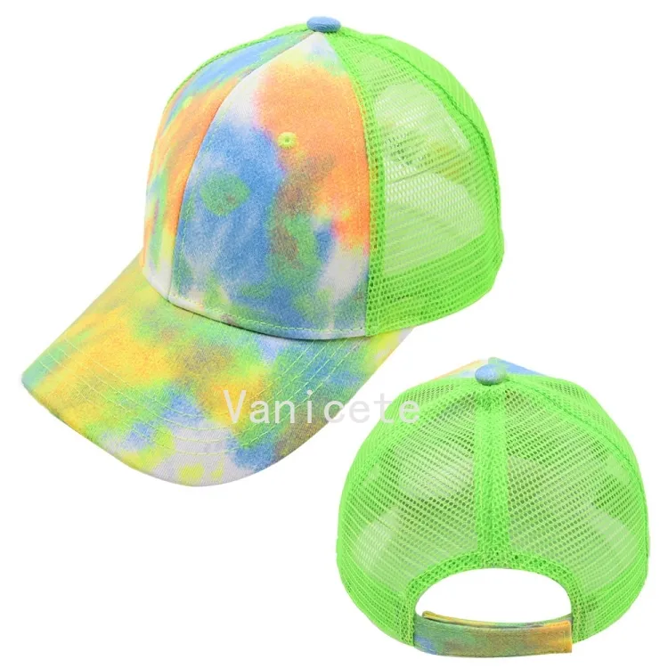 Articles de fête Tie-dye Ponytail Chapeaux 6 couleurs Mesh Hollow Messy Bun Casquette de baseball Trucker Hat Fast Send T2I52478