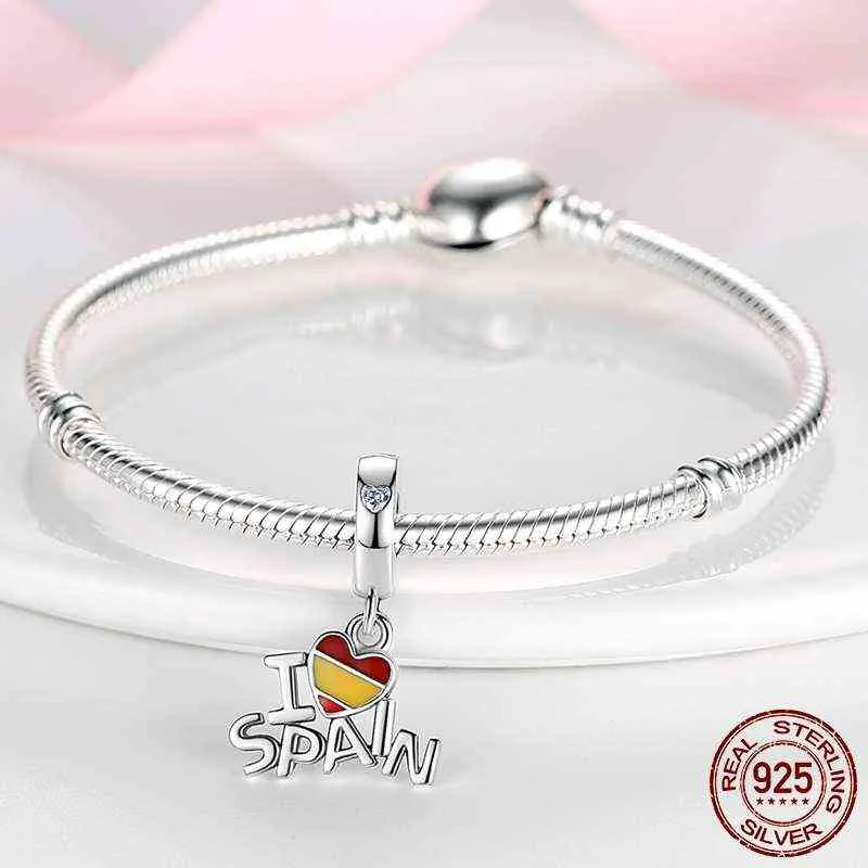 Colgante de plata de ley 925 con bandera de España, Chile y Brasil, cuentas de amor aptas para Pulsera Original, collar, joyería DIY 9067513