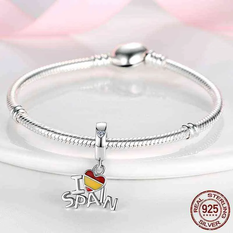 Silver Pendant 925 Silver Silver Espagne Chili Brazil Flag Love Charm Perles Fit Bracelet Original Collier Diy Jewelry8330925