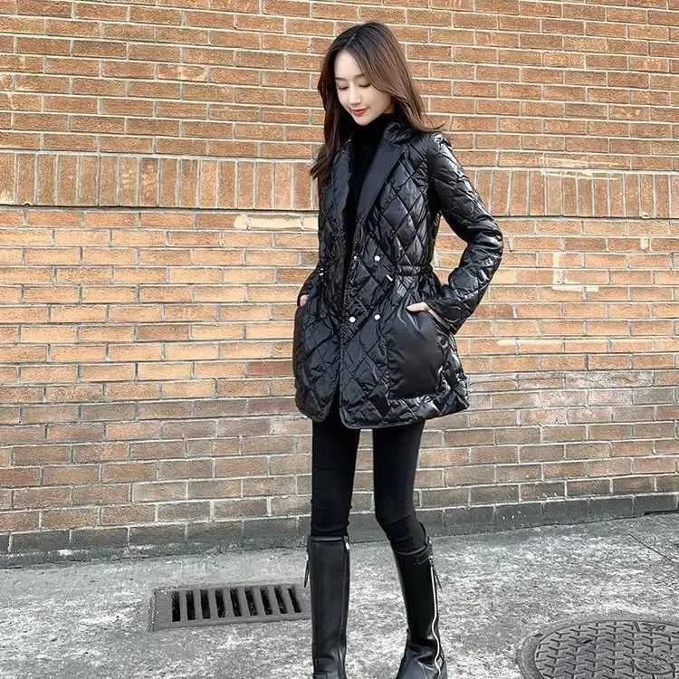 S-3XL Höst Vinter Kvinna Outwear Long Coat Notched Collar Slim A-Line Black With Fockets Fashion Parka Plus Size 211013