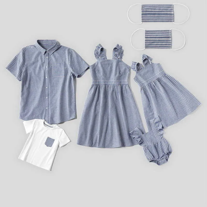 Sommer Familie passende 5-teilige Sets Sling Kleid Hemden + T-Shirt Body Mama Papa Baby Jungen Mädchen Kleidung E001 210610