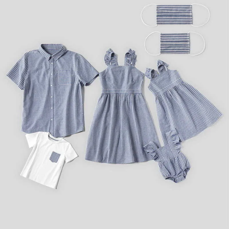 Summer Family Matching 5-pcs Sets Sling Dress Shirts+ T-shirt Bodysuit Mom Dad Baby Boys Girl Clothes E001 210610
