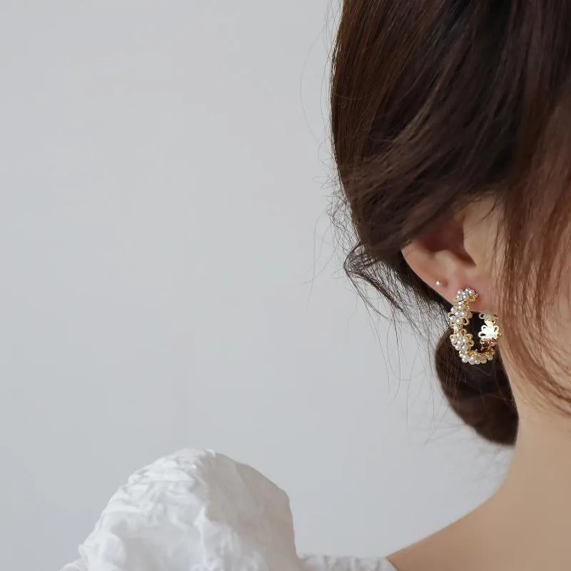 Stud Arrival Delicate Zircon CZ C Earrings For Women 14K Gold Plated Pearl Flower288a