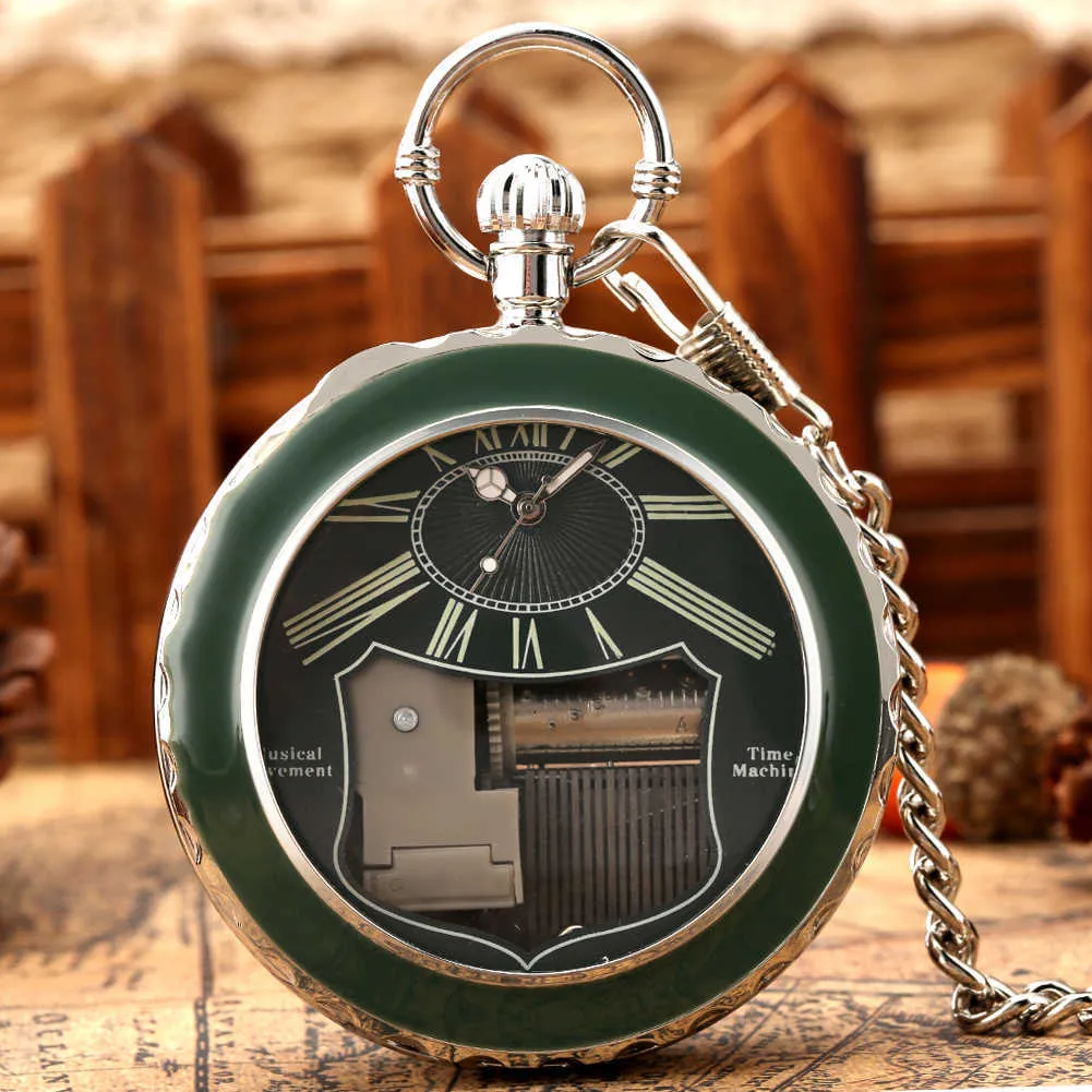 Vidro Transparente Musical Relógio de Bolso Lago dos Cisnes Melodia Música Antigo Pingente Relógio Vintage Quartzo es Presente 2110133017