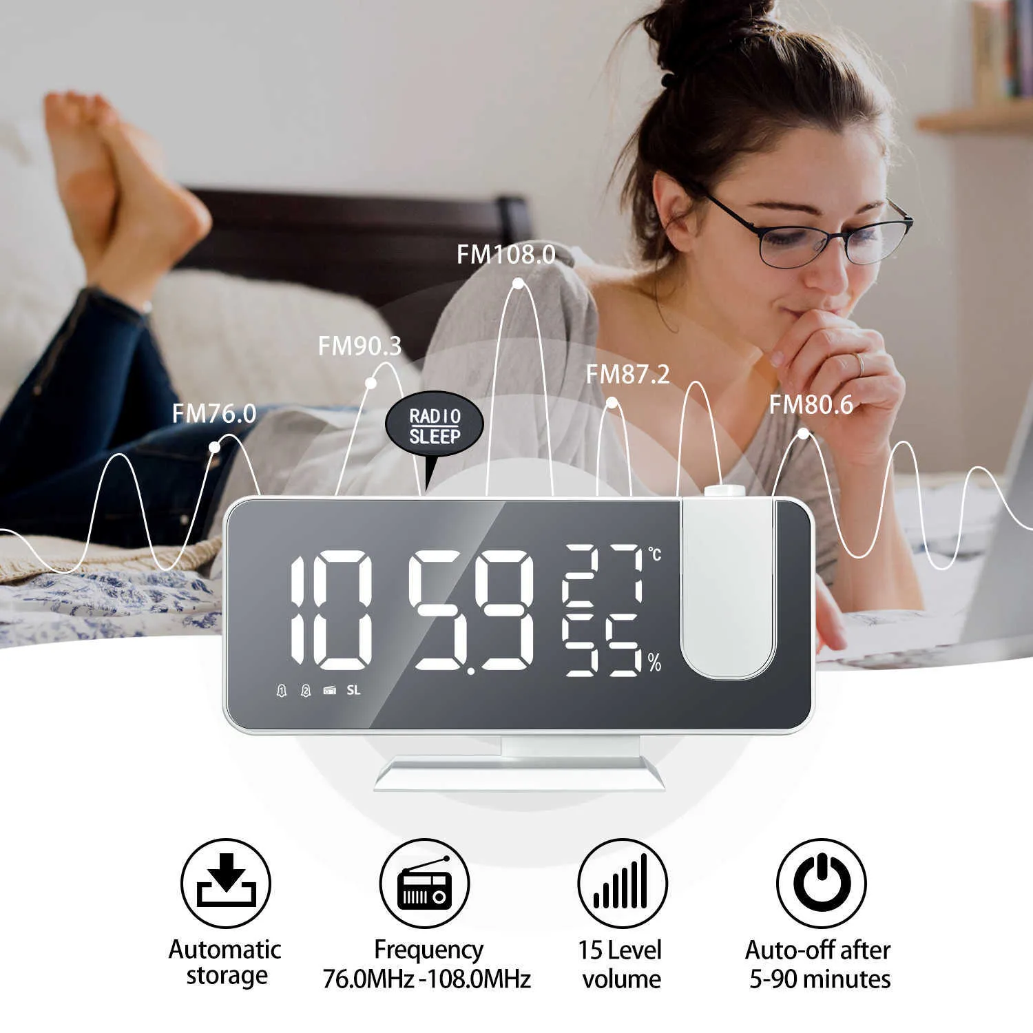 Réveil numérique LED Table de montre Horloges de bureau électroniques Réveil USB Radio FM Projecteur de temps Snooze 210804