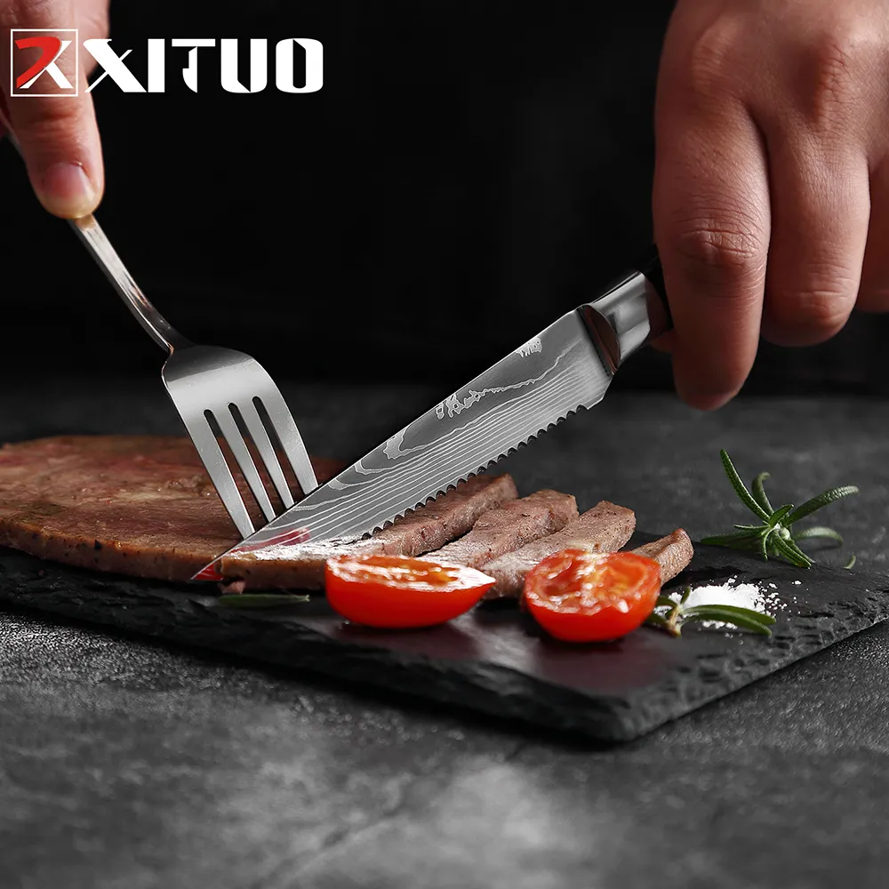 Xituo Steak Set Set Eamascus Wzór ze stali nierdzewnej ząbkowane ząbkowane wołowiny wołowiny wielofunkcyjne restauracja Tabela sztućców LNIFE2512