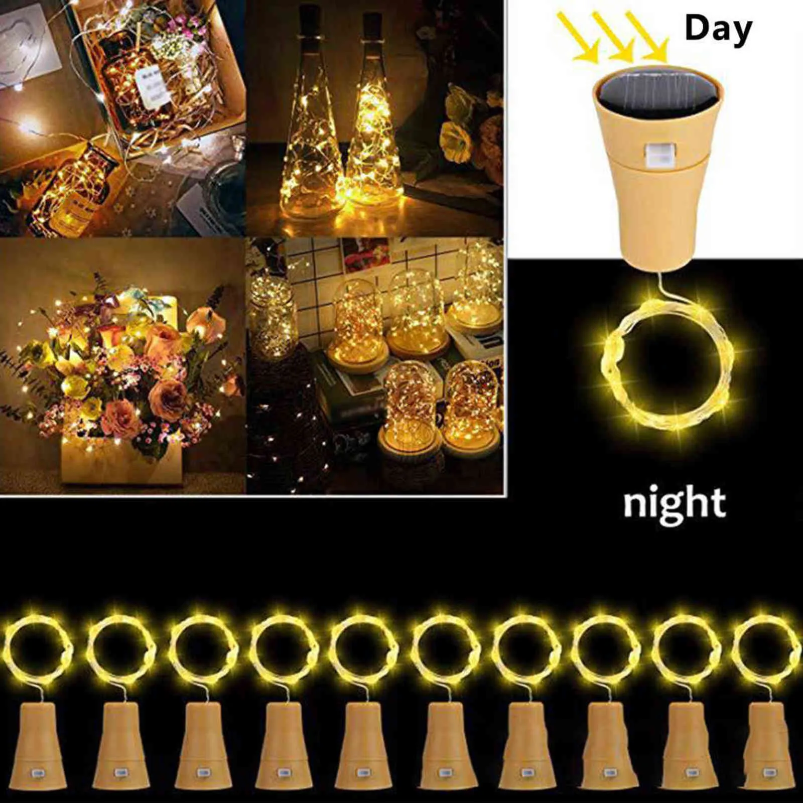 10 PACK SOLAR Wino Butelka Światła 20 LED Słoneczny Cork String Light Miedziany Drut Wróżka Światło Na Wakacje Świąteczne Party Wesele Decor 211104