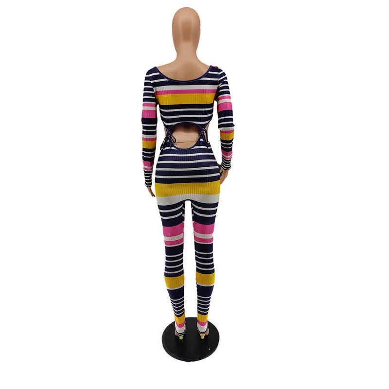 Två stycken uppsättning kvinnor Activewear Striped Print Crop Top Byxor Tracksuit Fitness Sexig nattklubb Outfits Partihandel Drop 210930