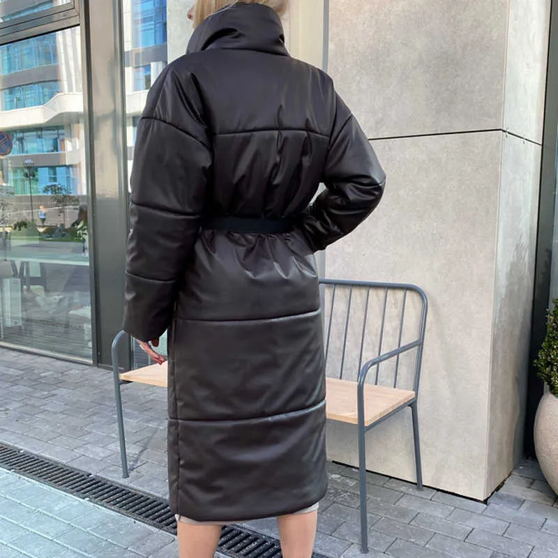 Parkas de cuero Mujeres Moda Bolsillos sueltos rectos Abrigos Elegantes Chaquetas de algodón largas Mujer Damas 210923