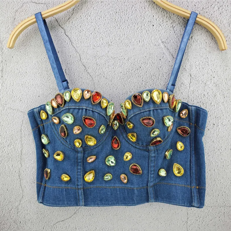 Nya mode damer Camis Runway Jeans Crop Top Luxury Blue Sexy Hot Celebrity Party Club Vest 210225