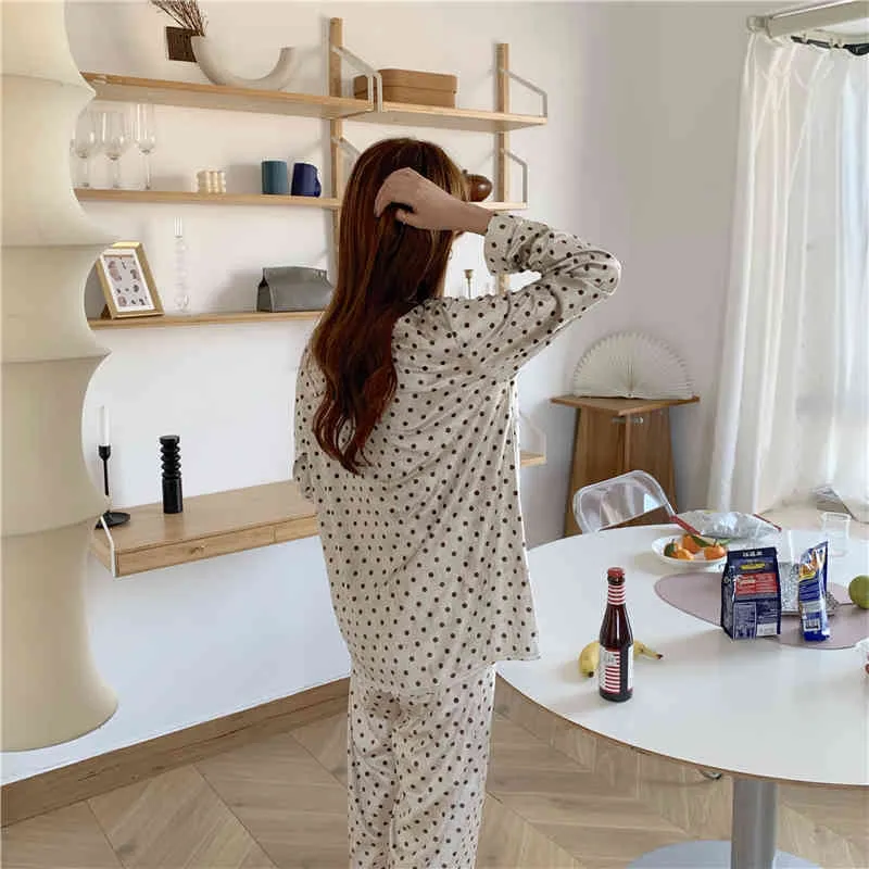 Två stycken kostym polka dot skriva ut nattkläder sött mjukt casual homewear elegant lös mode hem pyjamas set 210525
