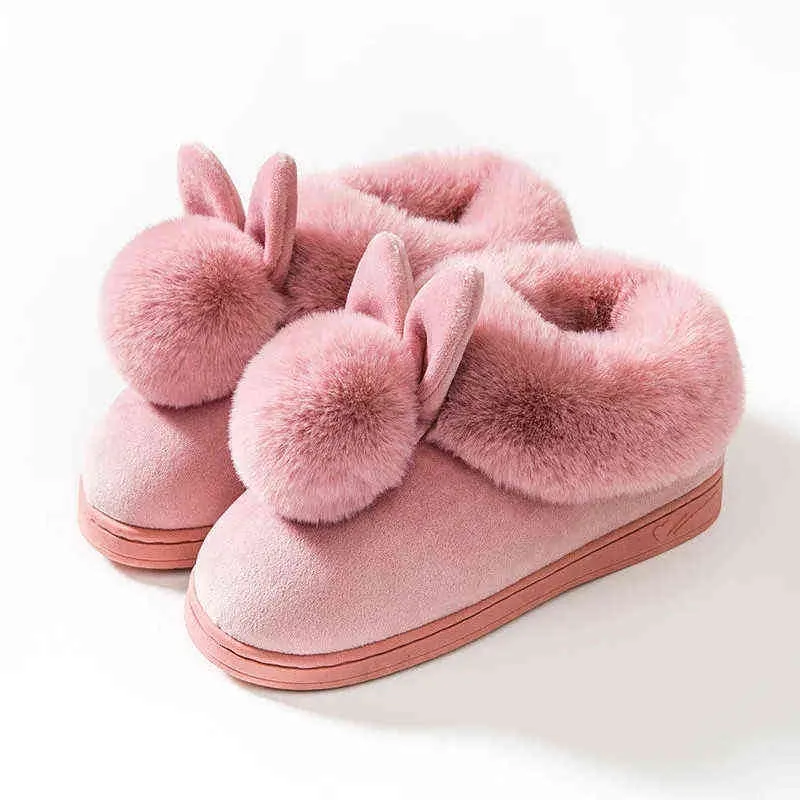 Кролик уха дома крытые тапочки зима теплые ботинки женские милые плюс плюшевые тапочки 2021new мода осень зима хлопчатобумажная обувь h1122