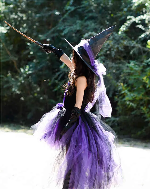 Purple Kids Girls Halloween Fairy Party Dresses with Hat Black Witch Toddler Baby Girls Birthday Cosplay Costumes Children Dress G1218