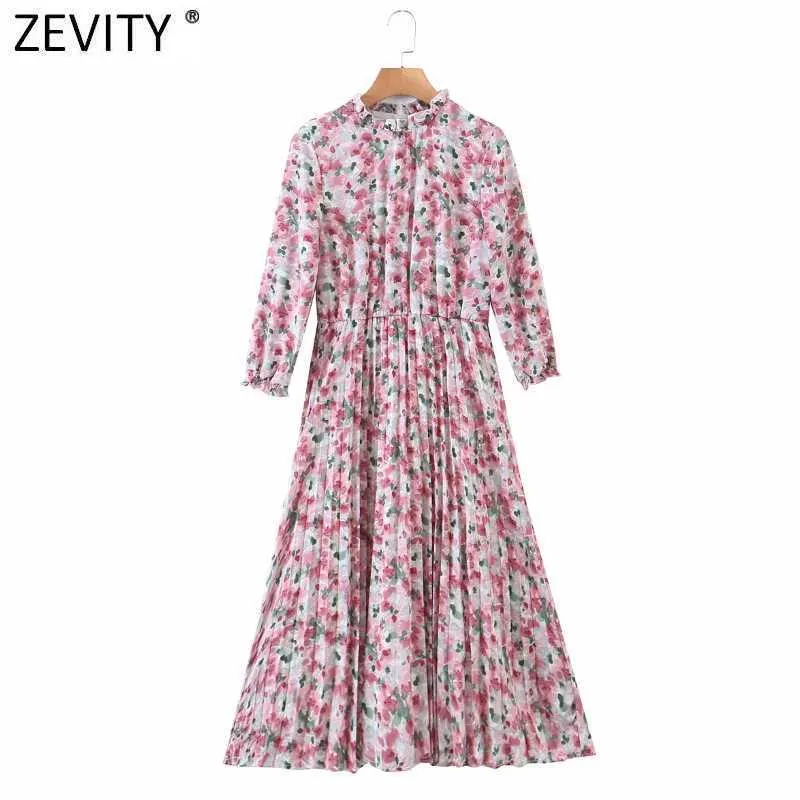 Zevity Women Sweet Agaric Lace Pink Floral Print Casual Pleated Midi Dress Female Three Quarter Sleeve Party Vestido DS4910 210603