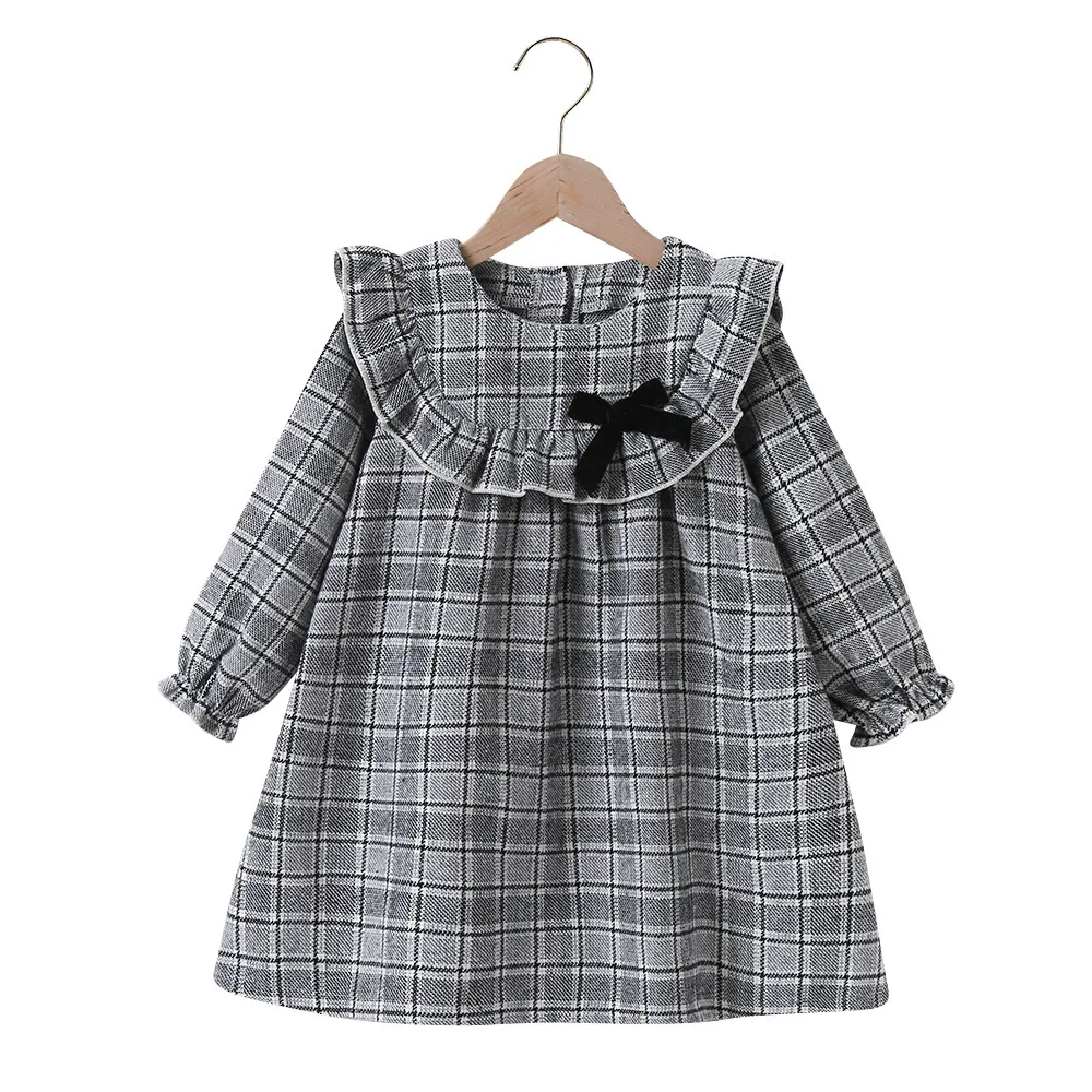 Automne hiver filles robe filles robes mignonnes à manches longues gris Plaid noir arc mignon doux bébé Vestidos 18M-6T 210303