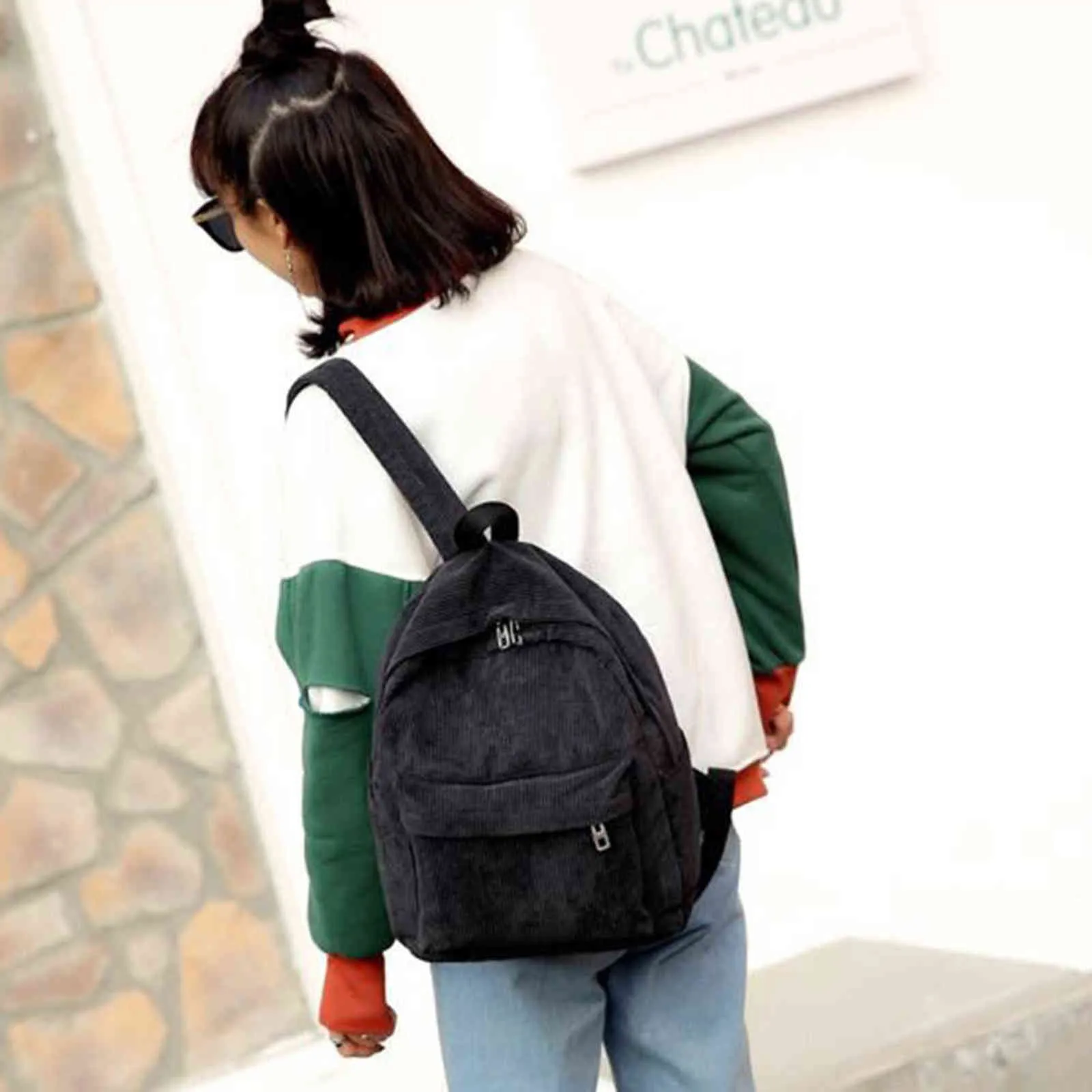 Kvinnor höst vinter corduroy ryggsäck tonåring tjejer skola bok väska solid färg multi-fickor ryggsäck kvinnliga stora resväskor y1105