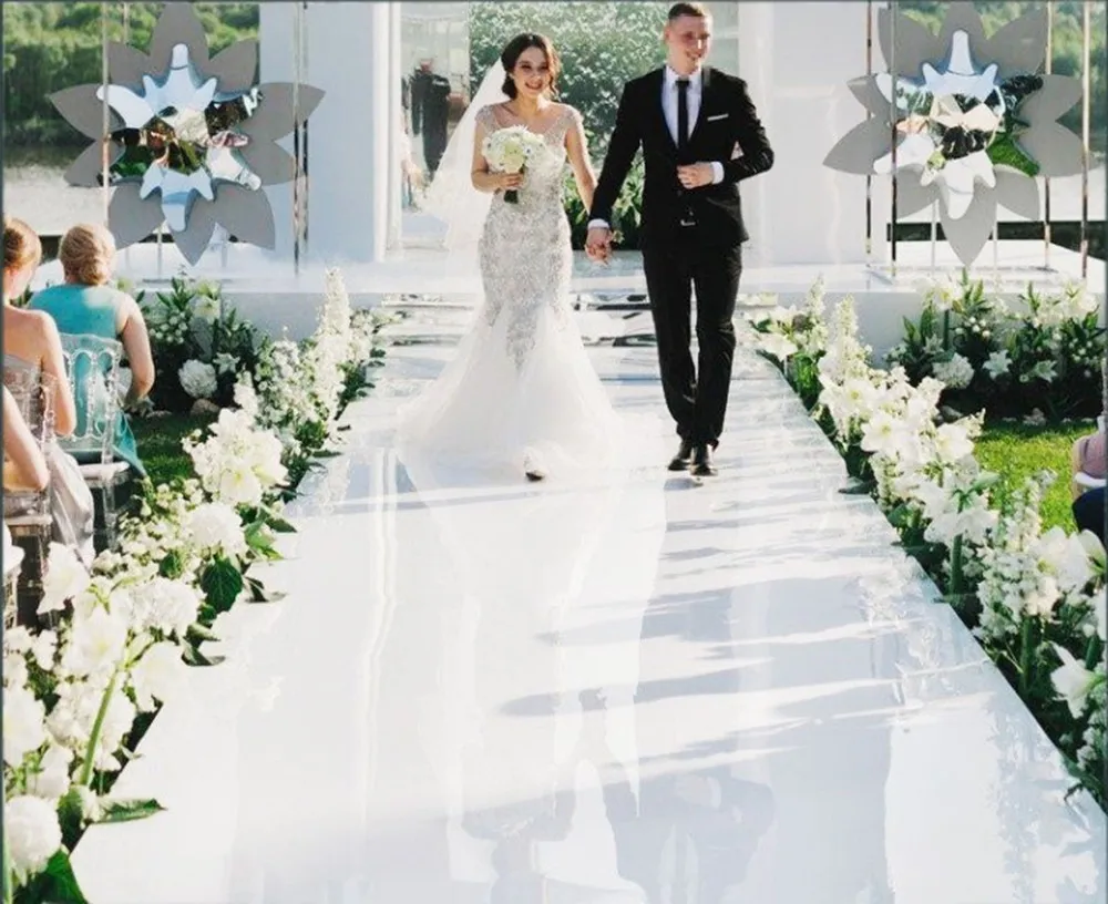 جديد 10 متر مرآة الزفاف سجادة T Stage White Silver Fild الممر السجاد السجاد لزخارف حفل الزفاف 0 12mm302h