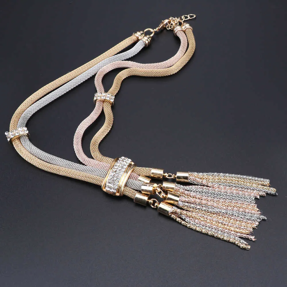 Afrykańskie zestawy biżuterii dla kobiet Moda Gold Color Tassel Naszyjnik Kolczyk Bransoletka Bransoletka Biżuteria Zestaw H1022