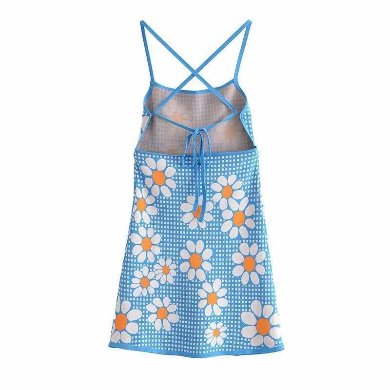 Sommar kvinnor blommig klänning elegant avslappnad mode chic lady backless kawaii kvinna kort glidande sol klänning robes 210709