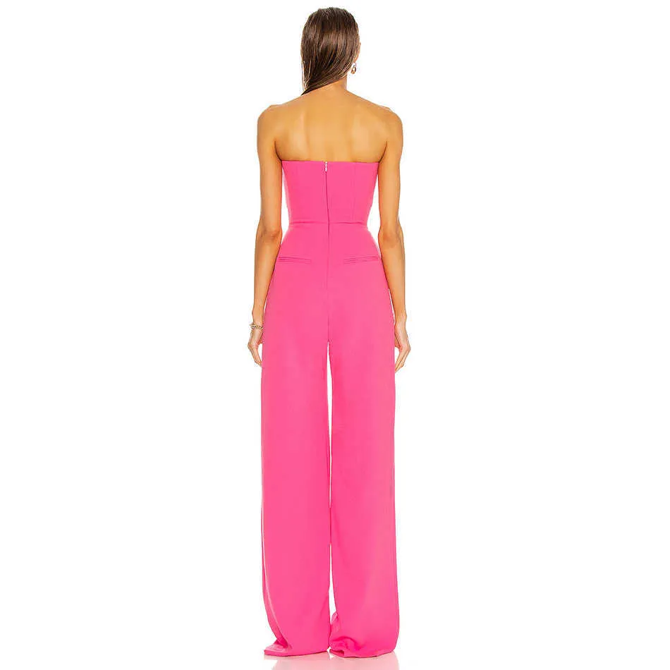 Summer High Quality Women'S Jumpsuit Curb Shoulder Sexy Celebrity Party Rose Red Tube Top Wide Leg 210527