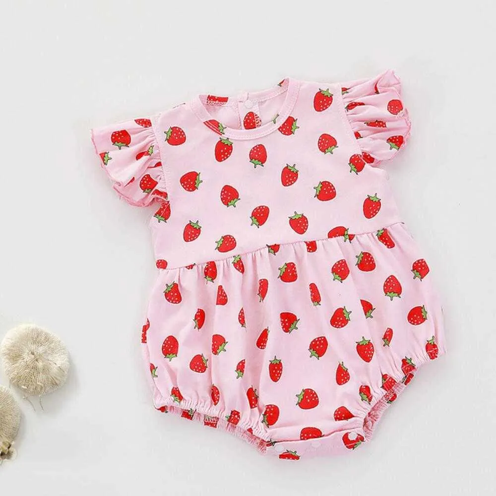 Fraise Imprimer Infant Romper Twin Suit Bébés Filles Vêtements D'été Doux Mignon Robe + PPK Pantalon Briefs Set Toddler Enfants Vêtements Q0716