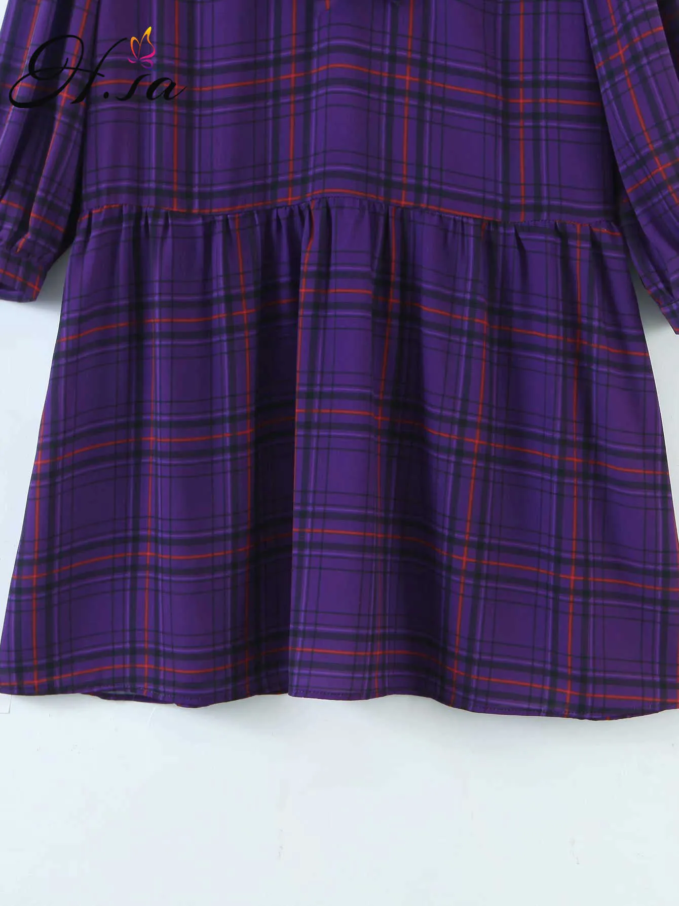 H.SA femmes printemps robes à carreaux à manches longues taille haute robes droites nœud noué cou violet chemise robe coton robes 210716