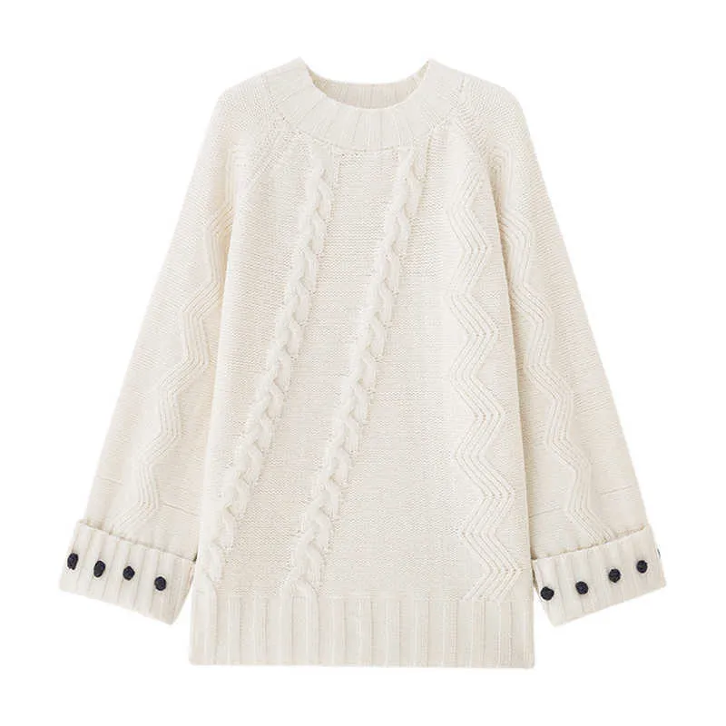 PERHAPS U Purple Beige Sweater O Neck Knitted Pullovers Long Sleeve Winter Autumn Solid Warm Cable Balls M0436 210529