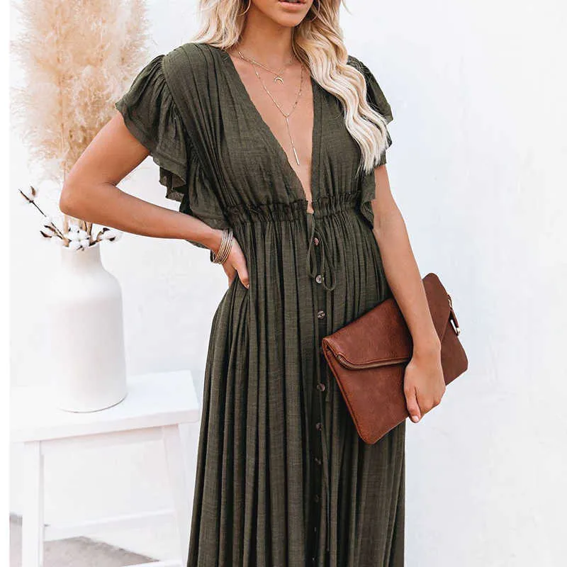 Sexy Boho Kleid Strand Cover Up Kaftan Frauen Lange Tragen Solide V-Ausschnitt Damen Urlaub Robe Plage Sarong Pareos 210722