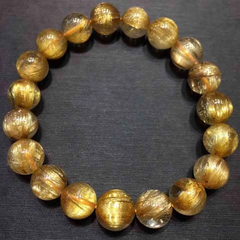 Bracciale in vero quarzo rutilato oro naturale donna uomo titanio 10 mm gioielli con perline rotonde trasparenti dal Brasile AAAAAAA
