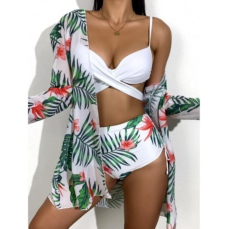 Sexiga tre stycken Bikini Set Cover Up badkläder Kvinnor Baddräkttryck Långärmad baddräkt Beachwear Swimming Biquini 220221