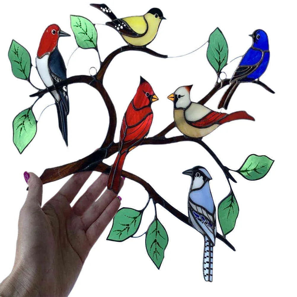 Painted Birds Home Decoration Stained Glass Window Panel Stained Glass Bird Ornaments Window Suncatcher Mother039S Day Gift Q087591298