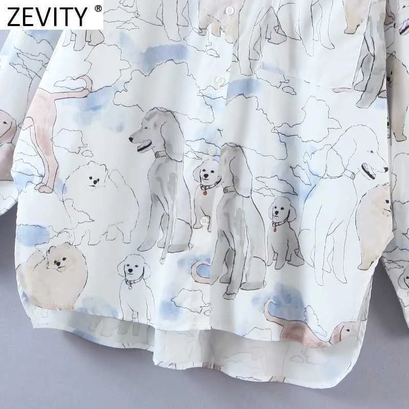 Zevity Женщины сладкие мультфильм собаки печатают повседневные свободные рубашки Офисная леди с длинным рукавом Бизнес блузка шикарный карман Blusas Tops LS9166 210603