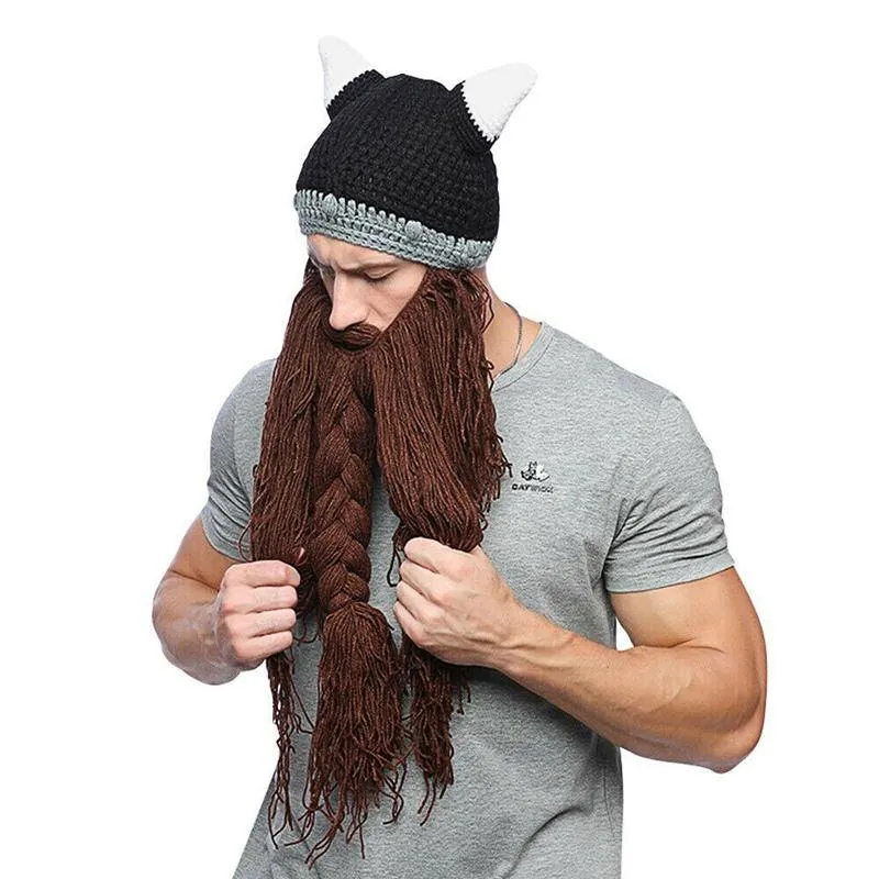 Brede Rand Hoeden Volwassen Gek Grappig Halloween Cosplay Gebreide Viking Baard Hoorn Hoed Ski Masker Barbaar Vagabond Vintage Beanie Cap Wi263F