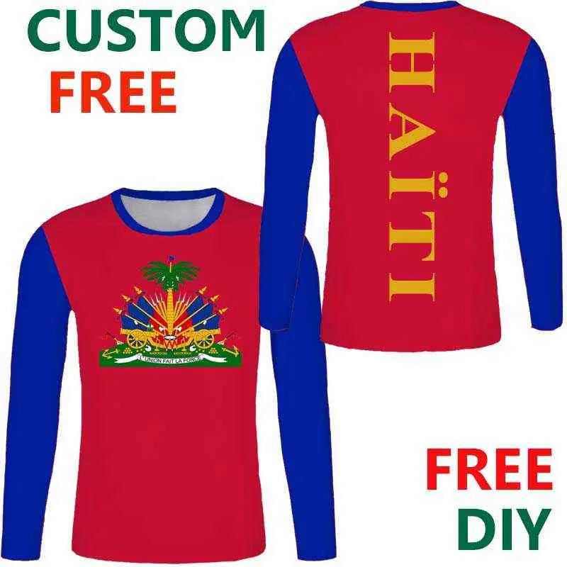 Haïti gratuit personnalisé t-shirt à manches longues République française haïtienne t-shirts drapeau emblème t-shirts bricolage HT pays nom numéro t-shirt X0602