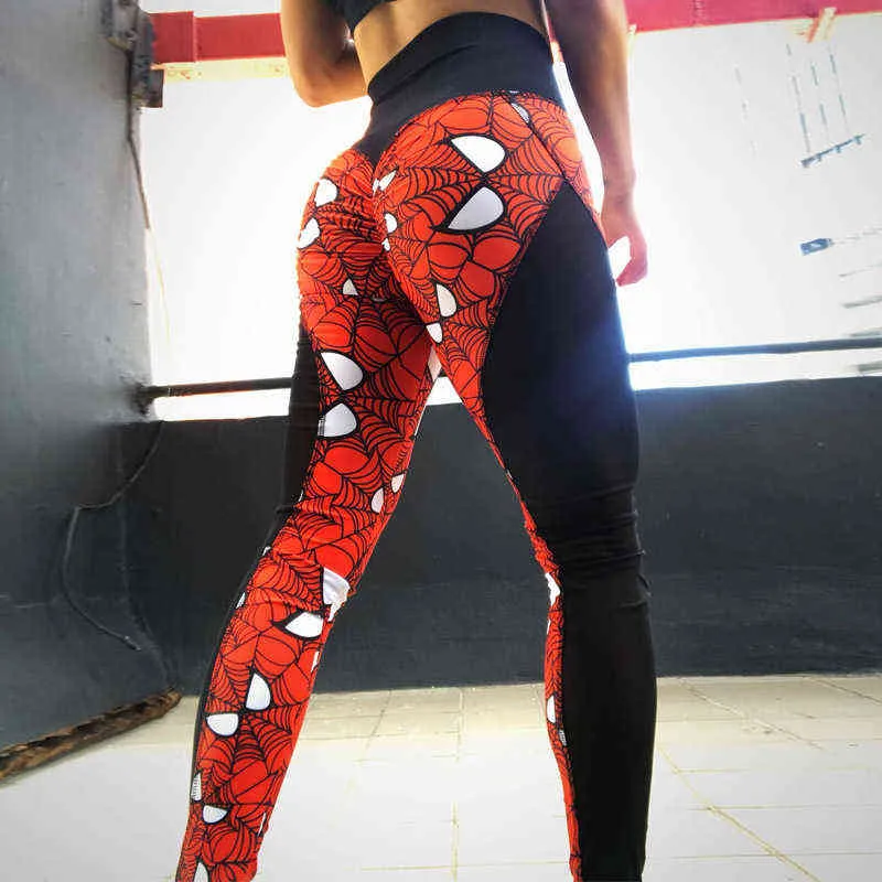 Super Hero Print Kvinnor Push Up Yoga Byxor Sexig Mesh Patchwork Hög Midja Fitness Leggings Andningsbara Torka Snabba Strömmar H1221