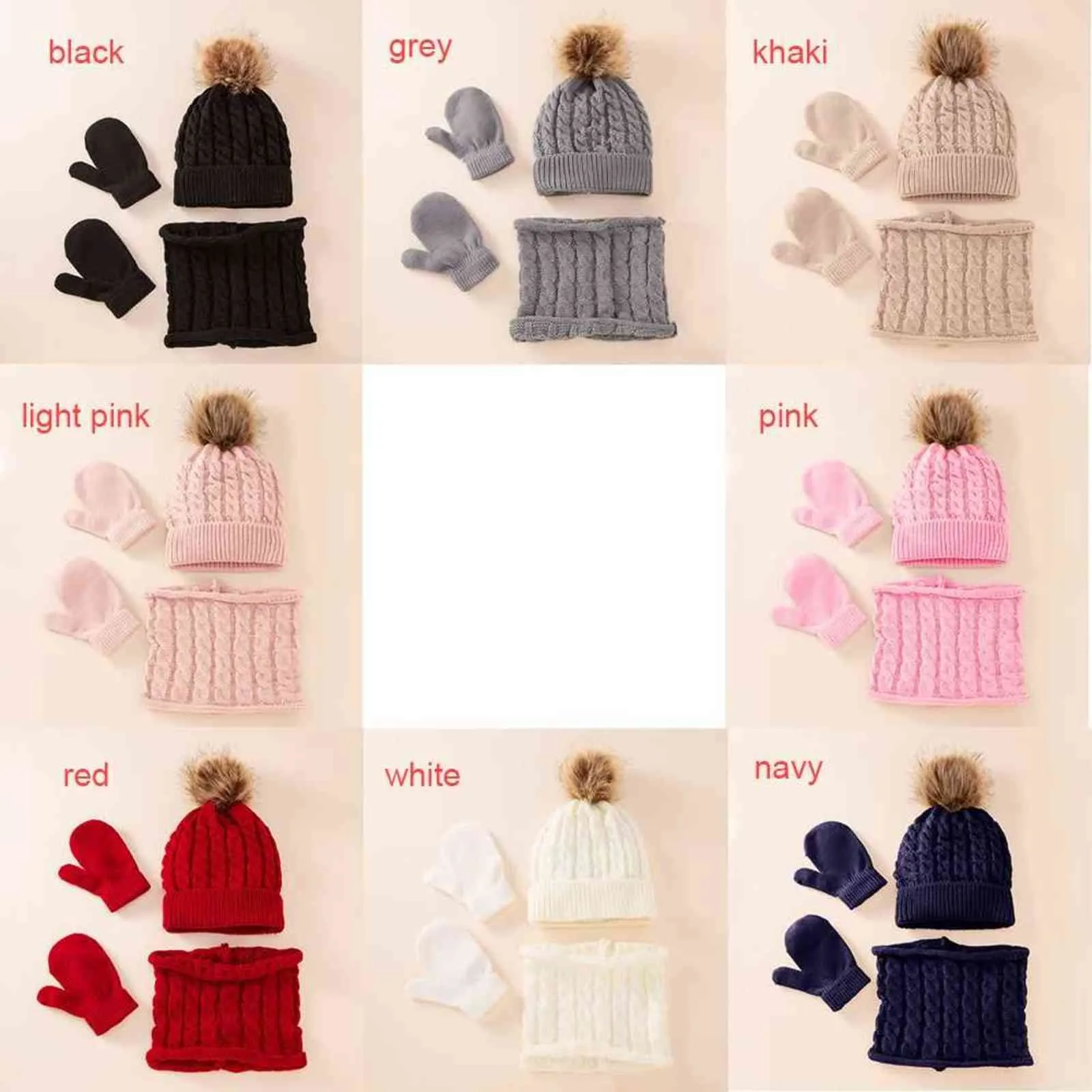 3 pièces/ensemble mignon chapeau écharpe gants ensemble couleur unie coton pompons casquette hiver chaud accessoires pour enfant 0-3 ans garçons filles enfants