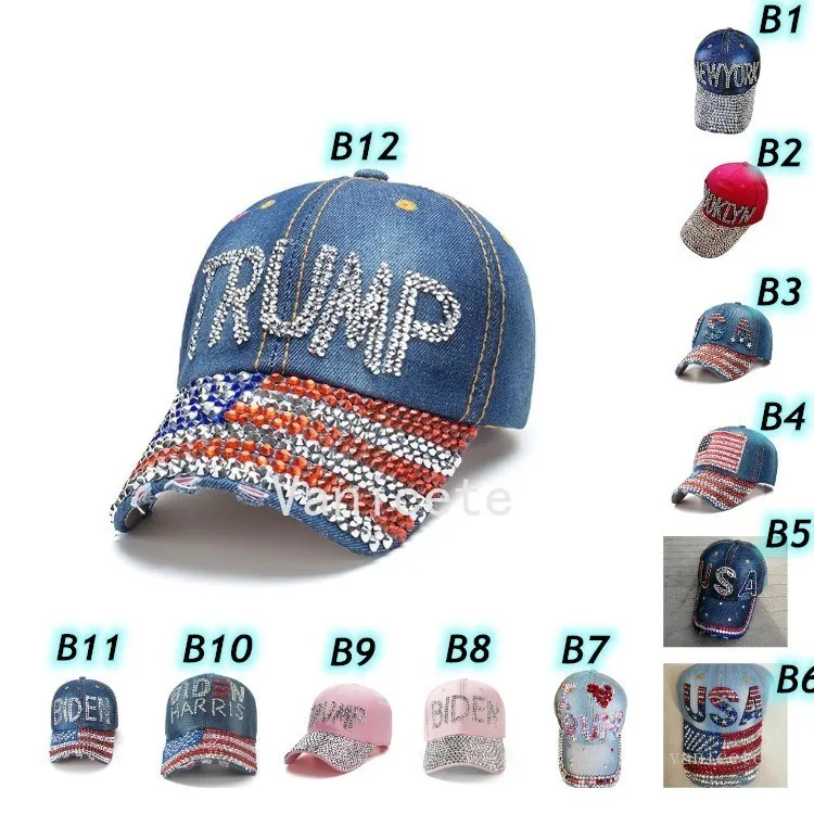 Chapeaux de fête Trump 2024 Casquette de baseball USA Chapeau Campagne électorale Chapeaux Cowboy Diamond Caps Réglable Femmes Denim T2I52421
