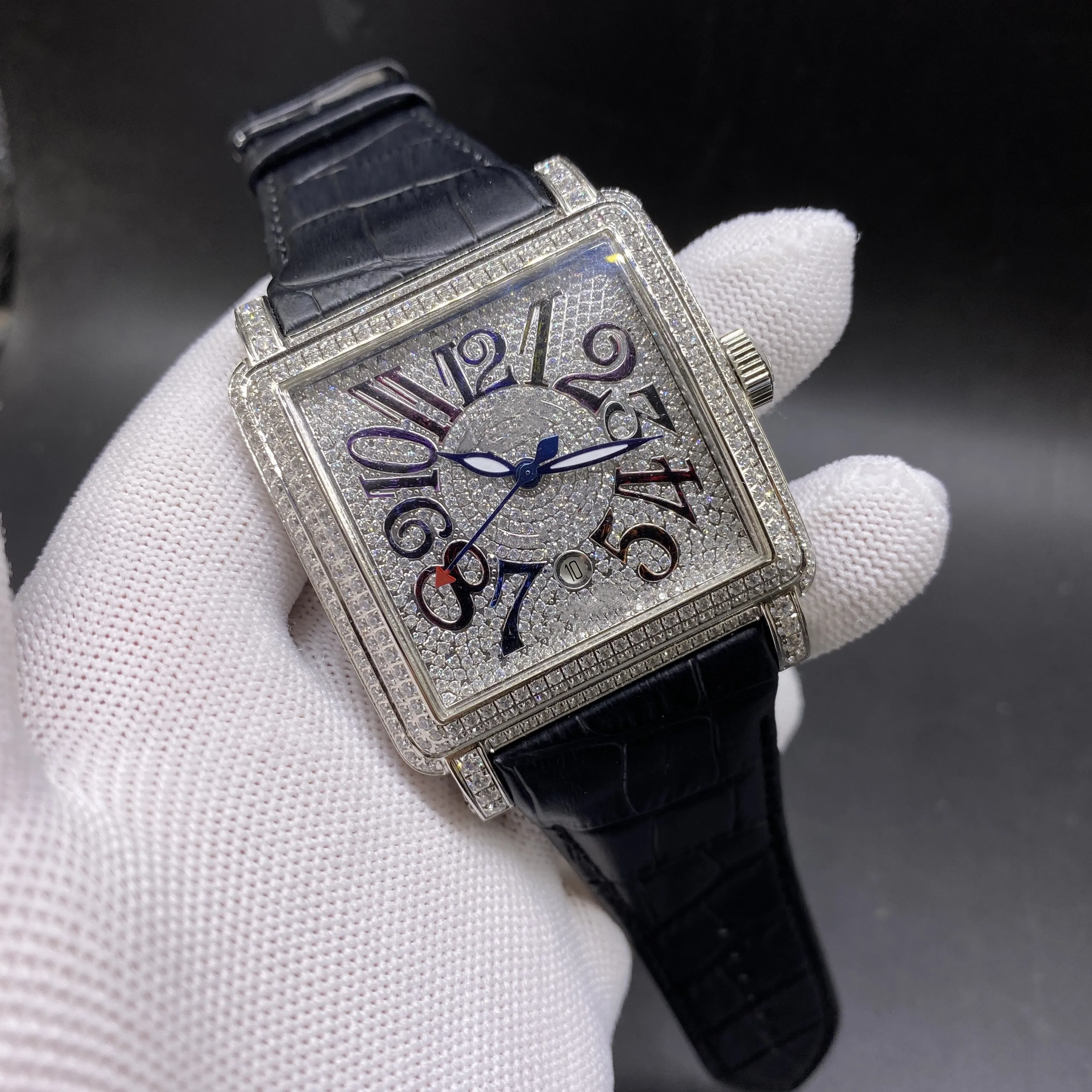 FM sky star orologio di platino intarsiato con diamanti di lusso 45mm quadrante con numeri arabi quadrati cintura nera Orologi da uomo2959