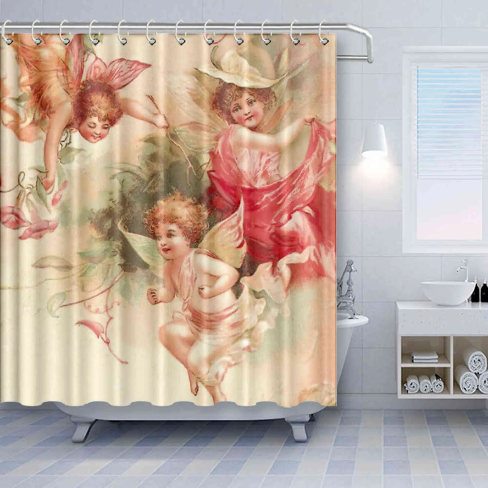 天国の天使のシャワーのカーテンセットポリエステルの生地の機械洗える印刷された背景の壁のカーテン211116