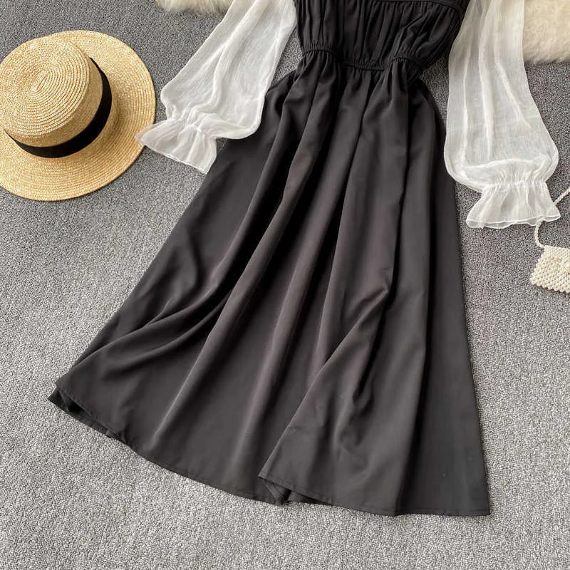 Deat女性のコントラスト色の風菌の腰のドレス長袖の正方形の襟スリムファッションスプリングサマー11B536 210709
